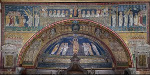 Visjonen om det himmelske Jerusalem: De utvalgte blir ønsket velkommen av englene. Nedenfor, Guds lam. Detalj. Mosaikk rundt 830. Triumfbuen til basilikaen Santa Prassede, Roma av Unknown artist