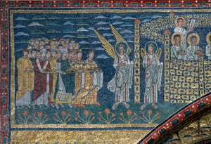 The Vision of Celestial Jerusalem: De utvalgte beveger seg mot byen bevoktet av engler. Detalj. Mosaikk rundt 830. Triumfbuen til basilikaen Santa Prassede, Roma av Unknown artist
