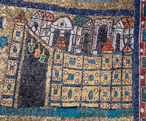 The Vision of Celestial Jerusalem: detalj av Jerusalem representert i befestet sitat. Mosaikk rundt 830. Triumfbuen til basilikaen Santa Prassede, Roma av Unknown artist