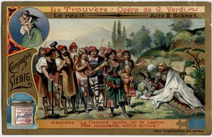 Akt II scene 1. Illustrasjon til operaen "" Funnet"" (Il trovatore) av Giuseppe Verdi (1813-1901). Kromolitografi (Chromo) Liebig fra slutten av 1800-tallet. av Unknown artist