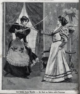 The aftermath of a rivalry: a sword duel between women. Engraving in “” Le Parisien”” av Unknown artist