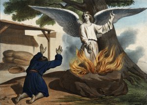 The angel appearing at Gideon (Gideon) to liberate the people of Israel from the occupation of the Madianites. Anonymous engraving from the middle of the 19th century. av Unknown artist