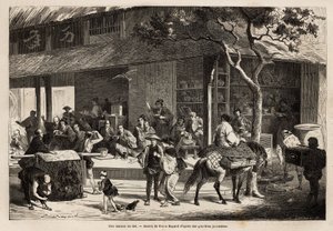 Animasjonen av et hus og gatens aktiviteter. Gravering for å illustrere reisen til Japan, i 1863-1864, av Aime Humbert, minister for det sveitsiske konføderasjonen, i "" Le tour du monde, nouveau journal des voyages"" utgitt under regi av Unknown artist