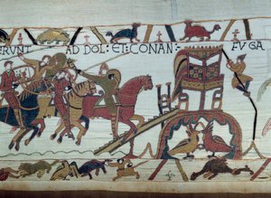 Armeene til Vilhelm Erobreren (1027-1087) dro for å kjempe mot hertugen av Bretagne, ankom Bayeux. Harold har nettopp blitt riddet av Guillaume. Detail of the Bayeux-teppet eller broderi av dronningen Mathilde av Unknown artist