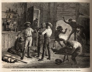Ankomsten av gruvearbeidere til et vertshus i Caribou (Canada), scener med avslapning og gjenforening, over en drink. Gravering for å illustrere reisen fra Atlanterhavet til Stillehavet (route du nord ouest par les terres), i 1862-1864 av Viscount Milton o av Unknown artist