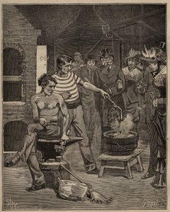 Glasskunsten: opplevelse av bataviske tårer. Dråper av smeltet glass slippes ned i et kaldt vannbad, som fryser i form av tårer. Gravering fra 1885 i "" Les arts et metiers illustres"" av Adolphe BITARD. av Unknown artist