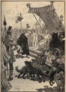 Glasskunsten: glass herdet i det gamle Roma. En håndverker kaster en glassvase mot plater og gjenstanden går ikke i stykker til overraskelse for tilskuere, inkludert keiser Tibere (Tiberio Claudio Nerone, 42 f.Kr.-37 e.Kr.). Gravering fra 1885 i "" Les art av Unknown artist