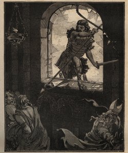 Glasskunsten: malte glassmalerier. Theodorics soldater knuser et glassmaleri for å gå inn i kirken Brioude (Haute Loire) i 521. Gravering fra 1885 i "" Les arts et metiers illustres"" av Adolphe BITARD. av Unknown artist