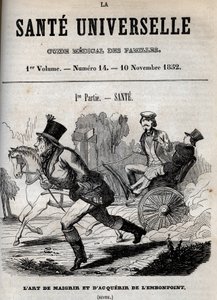 Kunsten å gå ned i vekt og bli overvektig: en mann går mens en annen blir fraktet i en vogn - gravering i «La Sante Universelle - Guide Medical des Familles»» 1852 av Unknown artist