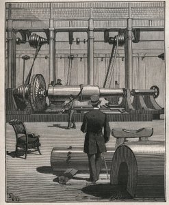 Kunsten å reise: skyte en stålmonsterkanon. Gravering fra 1885 i "" Les arts et metiers illustres"" av Adolphe BITARD. av Unknown artist