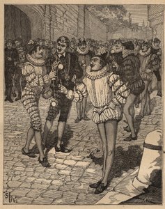 Kunsten å snu: ballen. Kong Henry III (1551-1589) og søtningene hans spiller bilboquet på gaten. Gravering fra 1885 i "" Les arts et metiers illustres"" av Adolphe BITARD. av Unknown artist