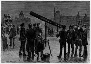 Astronomen og hans astronomiske ramme på Place du Chatelet, i Paris, på tidspunktet for observasjonene av planeten Venus, i februar 1889. Gravering i "" La Nature. Revue des sciences et de ses applications aux arts et a l