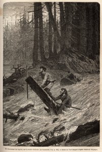 Forfatteren og hans reisende, Mcdonald, går ned strykene på Nittinaht-elven (Vancouver Island) på en provisorisk flåte. Gravering for å illustrere reisen og eventyrene i engelsk Colombia, Vancouver Island og Alaska, av Frederick Whymper av Unknown artist