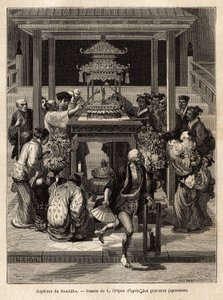 Dåpen til Buddha, en årlig fest som finner sted den 8. dagen i den 4. måneden, vanner tilhengerne bronsestatuen av Buddha som er eksponert for anledningen foran templene. Gravering for å illustrere reisen til Japan, av Aime Humbert, min av Unknown artist