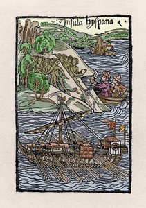 Barken på Hispaniola av Christopher Columbus (1451-1506). Gravering fra “” De insulis in mare Indico super inventis””, Bale 1493-1494 (latinsk oversettelse av Columbus rapport til kongen av Spania). av Unknown artist