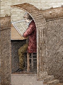 Blåseren i hullet hans. En teaterblåser hjelper komikere å huske teksten sin når de står på scenen. Her er han avbildet i sitt "hull" en åpning som praktiseres på forsiden av scenen vekk fra publikums øyne. Gravering av 1800-tallet. av Unknown artist