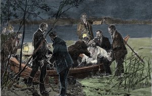 Liket av Ludvig (Ludwig) II av Baviere Wittelsbach (1845-1886) funnet druknet sammen med Dr. Gudden i innsjøen Starnberg nær Berg slott i juni 1886 Gravering av Unknown artist