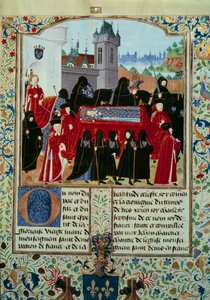 Liket av avdøde kong Charles VI (1368-1422) blir båret bort, bak prosesjonen den nye kong Charles VII (1403-1461) miniatyren 22/10/1422 fra manuskriptet "" Chronicles of Charles VII"" (Ms. . fr. 2691) av Jean Chartier av Unknown artist