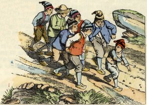 Brødrene følger den Lille Poulet som sådde hvite småstein på veien. Illustrasjon av historien "" Le Petit Poucet"" av Charles Perrault av Unknown artist