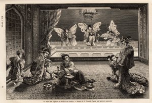 Sommerfuglballetten på Gankiro Theatre, i Miyozaki Pleasure District i Yokohama. Gravering for å illustrere reisen til Japan, av Aime Humbert, minister for det sveitsiske konføderasjonen, i 1863-1864, publisert i "" le tour du monde", under den alvorlige av Unknown artist