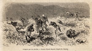 Karavanen av bærere av Henry Morton Stanleys ekspedisjon (1841-1904) på Misonghi-veien (Øst-Afrika) ble angrepet av en sky av bier. Gravering for å illustrere reisen på jakt etter Livingstone, i Sentral-Afrika, av Henry Stanley, korrespondent for av Unknown artist