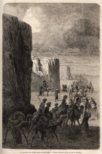 Karavanen til Hajis (muslimske peleriner) i Korantaghi (Persia, Iran). Tegning av Emile Bayard (1837-1891), for å illustrere reisen til Sentral-Asia, i 1863, av Arminius Vambery (ungarsk vitenskapsmann forkledning i dervisj). Gravering i "" Le tour du mond av Unknown artist