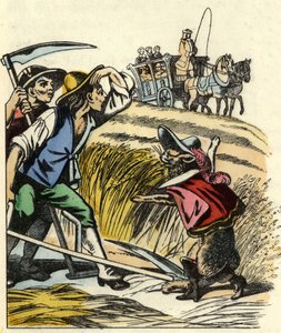 Katten tvinger bøndene til å si at åkeren der de klipper hveten tilhører Marquis de Carabas. Illustrasjon av historien "The cat botte" av Charles Perrault av Unknown artist