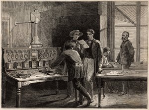 Den sentrale telegrafstasjonen ved Creusot-fabrikken. Gravering for å illustrere en reise til Creusot og gruvene i Saone og Loire, i 1865, av L. Simonin, i "" Le tour du monde, nouveau journal des voyages"" utgitt under ledelse av Edouard C av Unknown artist