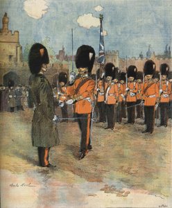 Vaktskiftet ved Buckingham Palace i London i 1893. Illustrasjon av M.C. Morel. Bianchetti samling. av Unknown artist