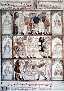 Charivari-festen for bryllupet til Fauvel. Prosesjon av musikere og transvestitter. Miniatyr fra manuskriptet "Le roman de fauvel" av Gervais du Bus (Gerves du Bus) av Unknown artist