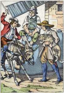 The children of the handler, who just died, share his property: donkey, mill and cat. Illustration of the tale “The cat botte” by Charles Perrault av Unknown artist