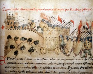 Byen Firenze erobret Pietrabuona, som innbyggerne i Lucca senere overtok - i «Croniche del Sercambi», rundt 1400. Nasjonalarkivet, Lucca. av Unknown artist