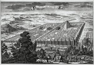 The city walls of Babylon surrounding the hanging gardens and the tower of Babel - av Unknown artist