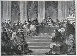 Presten fra Frankrike og Italia møttes i Paris til forsamlingen av det franske nasjonalrådet 9. juni 1811, ledet av kardinal Fesch (1763 - 1839). av Unknown artist