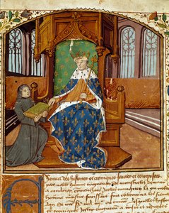 Spaltistforfatteren Enguerrand de Monstrelet (1400-1453) donerer sin bok til kong Charles VII (1403-1467) Miniatyr fra "Chronicles d