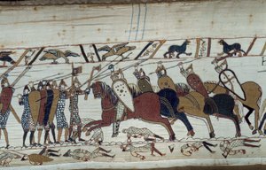 Erobringen av England av hertugen av Normandie Vilhelm Erobreren (1027-1087) i 1066: scene for slaget ved Hastings som motarbeidet det normanniske infanteriet til det saksiske kavaleriet. Detalj av billedvev av Bayeux eller broderi av dronning Mathilde av Unknown artist