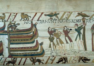 Erobringen av England av hæren til hertugen av Normandie Vilhelm Erobreren (1027-1087): knapt bygde skip settes til sjøs Detalj av billedvev av Bayeux eller broderi av dronning Mathilde av Unknown artist