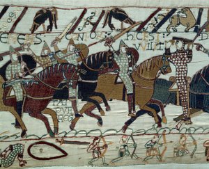 Erobringen av England av hæren til hertugen av Normandie Vilhelm Erobreren (1027-1087): Hertug Guillaume blir gjenkjent av soldatene sine ved å løfte hjelmen under slaget ved Hastings. Detail of the Tapestry of Bayeux eller Embroidery of Queen Mathild av Unknown artist