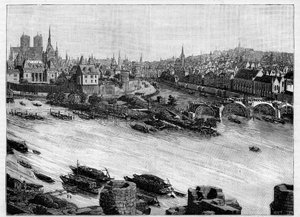 Byggingen av Pont Neuf i Paris som går gjennom Square du Vert-Galant ved enden av Ile de la Cite. De første verkene i 1578. Gravering i "" Le Monde illustrious"" av Unknown artist