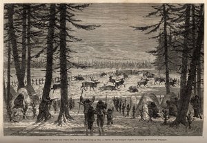 Korallen for reinsdyrjakt i Co-Yukon (co-Yukon eller co-Youkouk) (indisk stamme i det ekstreme nordlige Canada). Gravering for å illustrere reisen og eventyrene i engelsk Colombia, Vancouver Island og Alaska, av Frederick Whymper av Unknown artist