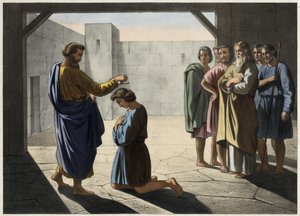The coronation of David: Samuel designates David as king of Israel. Anonymous engraving of the 19th century. av Unknown artist