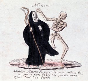 Dødedansen, abbedissen og et skjelett (Trykk) av Unknown artist