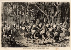 Dansen av risrunden, som finner sted i årets 10. måned, er relatert til kornavlinger. Gravering for å illustrere reisen til Japan, av Aime Humbert, minister for det sveitsiske konføderasjonen, i 1863-1864, publisert i "" le tour du monde"", und av Unknown artist