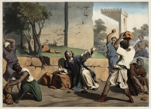 Dødsfallet til Saint Stephen: Saint Stephen steinet av jødene regnes som den første kristne martyren. Anonym gravering fra midten av 1800-tallet. av Unknown artist
