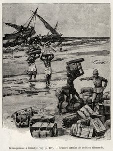 Avbarkingen ved Chimbye (Tanzania) av Peters-ekspedisjonen. Gravering for å illustrere historien "Au secours d