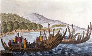 Avdelingen for polynesere for Stillehavet ombord på kanoer med dobbeltskrog. Litografi fra begynnelsen av 1800-tallet av Unknown artist