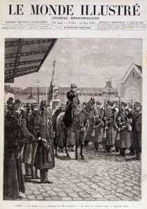 Avgangen til kompaniet til det 200. regiment. Hilsen til flagget i Gare de Lyon. ""Den illustrerte verden"". 23.03.1895. Tegning. av Unknown artist