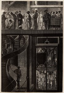 Nedstigningen av gruvearbeidere (menn, kvinner og barn) gjennom heisburet inn i de underjordiske galleriene til Creusot-kullgruvene. Gravering for å illustrere en reise til Creusot og gruvene i Saone og Loire, i 1865, av L. Simonin, i "" Le tour du m av Unknown artist