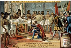 Oppdagelsen av ruten til India: Mottak av Vasco da Gama av Samudrin fra Calicut, slutten av mai 1498 - reklamevignett Liébig av Unknown artist
