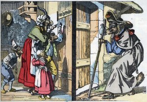 Forkledningsulven banker på døren til huset med bukken og bikettene. Illustrasjon av fortellingen "Compere le Loup, Maitre Renard, Comere la Chevre et ses petits biquets"" etter en fabel av Jean de la Fontaine. I “” Fortellinger fra hjemmet for de små av Unknown artist